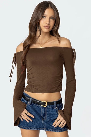 Ribbon Off Shoulder Long Sleeve Crop Top