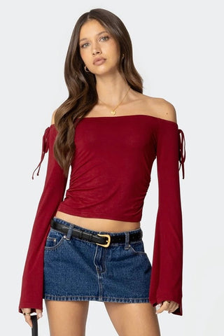 Ribbon Off Shoulder Long Sleeve Crop Top