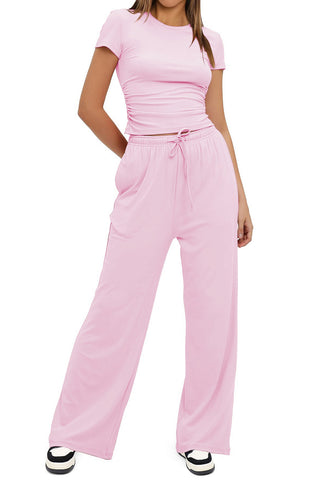 Round Neck Crop Top & Drawstring Pant Two Piece Set