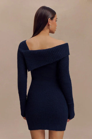 Knitted Asymmetrical Neck Mini Dress