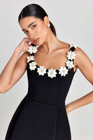 Square Neck Floral Appliqués Mini Dress