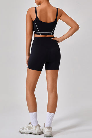 Scoop Contrast Piping Sports Bra & Short Two Piece Set