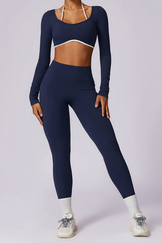 Long Sleeve Contrast Strap Crop Top & Legging Two Piece Set