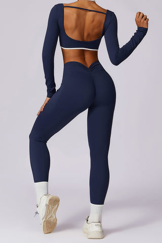 Long Sleeve Contrast Strap Crop Top & Legging Two Piece Set