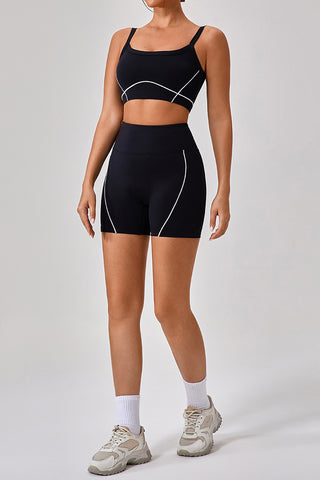 Scoop Contrast Piping Sports Bra & Short Two Piece Set