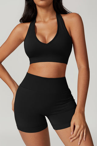 Seamless Deep-V Openback Sports Bra & Short Two Piece Set