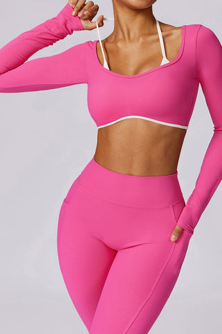 Long Sleeve Contrast Strap Crop Top & Legging Two Piece Set