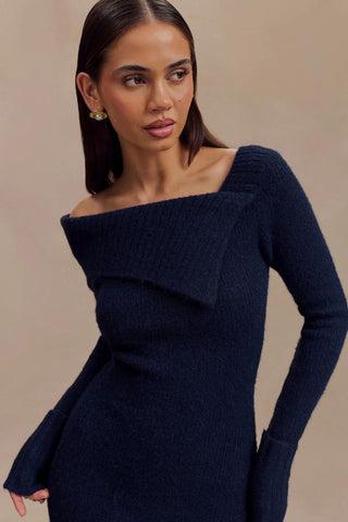 Knitted Asymmetrical Neck Mini Dress