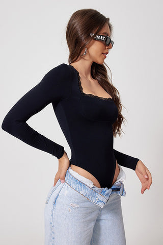 Lace Trim Long Sleeve Bodysuit