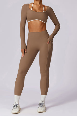 Long Sleeve Contrast Strap Crop Top & Legging Two Piece Set