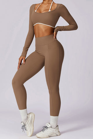 Long Sleeve Contrast Strap Crop Top & Legging Two Piece Set