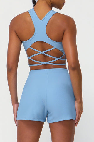 Ribbed Racer Strappy Back Bra & Short Two Piece Set