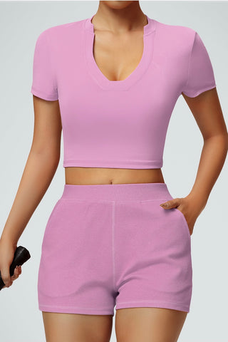 V Neck Short Sleeve Crop Top