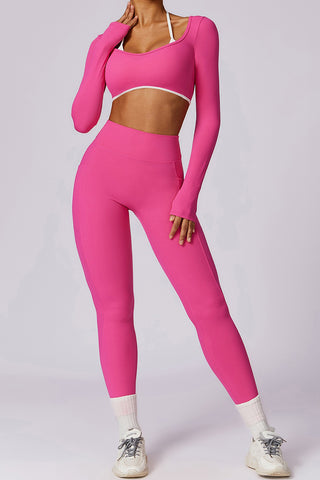 Long Sleeve Contrast Strap Crop Top & Legging Two Piece Set