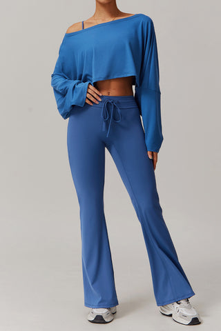 Off Shoulder Long Sleeve Top & Flared Pant Two Piece Set