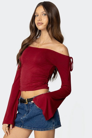 Ribbon Off Shoulder Long Sleeve Crop Top