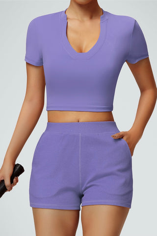 V Neck Short Sleeve Crop Top