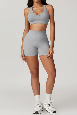 Seamless Deep-V Openback Sports Bra & Short Two Piece Set