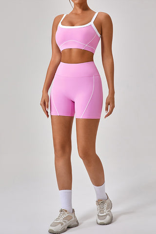 Scoop Contrast Piping Sports Bra & Short Two Piece Set