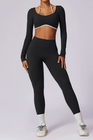 Long Sleeve Contrast Strap Crop Top & Legging Two Piece Set