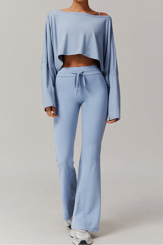 Off Shoulder Long Sleeve Top & Flared Pant Two Piece Set