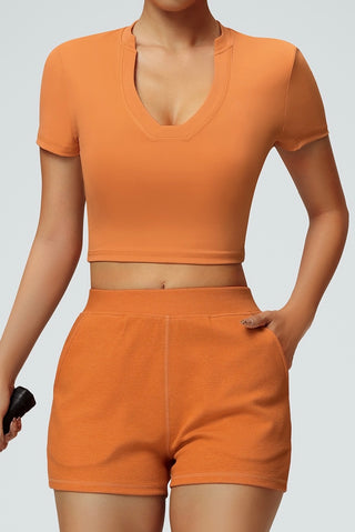 V Neck Short Sleeve Crop Top