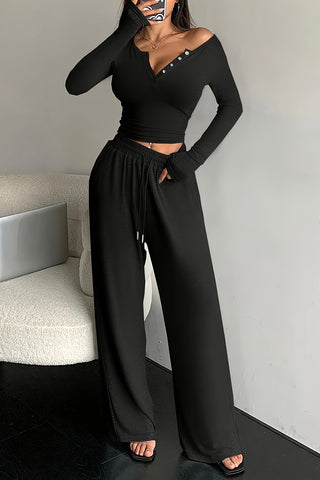 Button Front Sleeved Crop Top & Drawstring Pant Two Piece Set