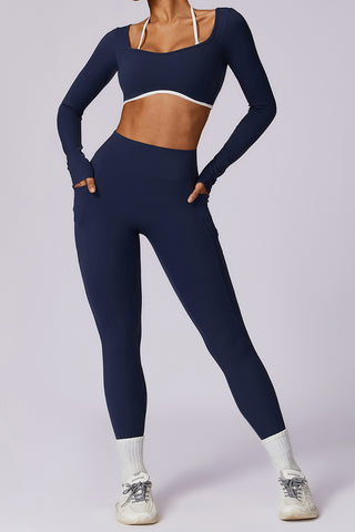 Long Sleeve Contrast Strap Crop Top & Legging Two Piece Set