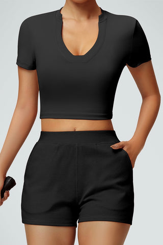 V Neck Short Sleeve Crop Top