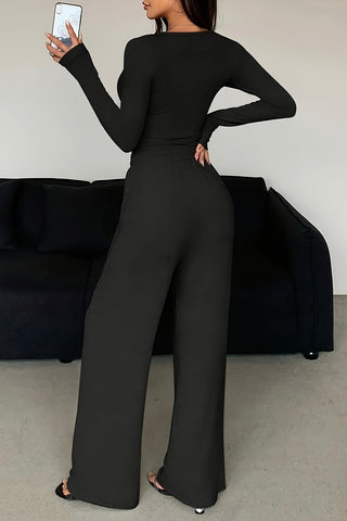 Button Front Sleeved Crop Top & Drawstring Pant Two Piece Set