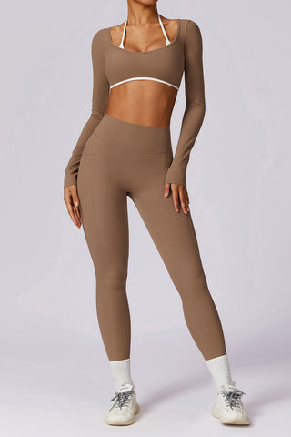 Long Sleeve Contrast Strap Crop Top & Legging Two Piece Set