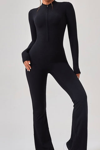 Crew Neck Zip Front Flare Jumpsuit