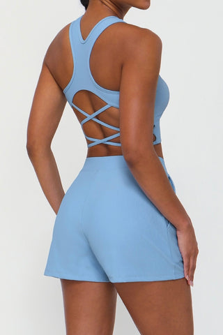 Ribbed Racer Strappy Back Bra & Short Two Piece Set