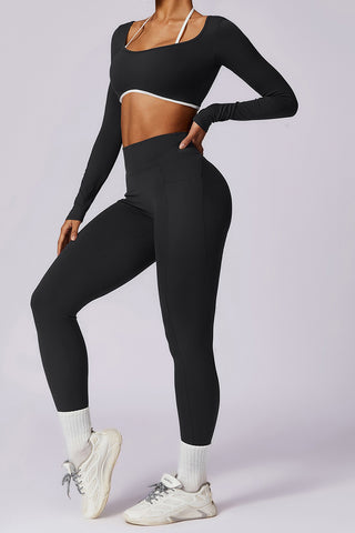 Long Sleeve Contrast Strap Crop Top & Legging Two Piece Set