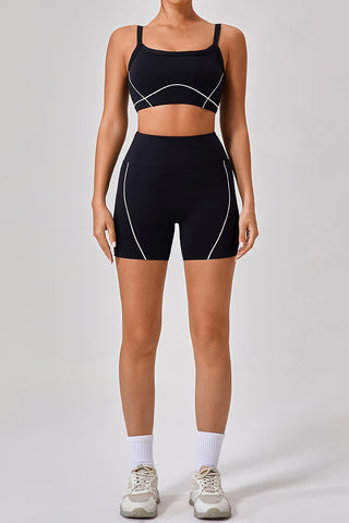 Scoop Contrast Piping Sports Bra & Short Two Piece Set