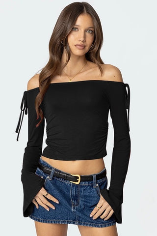 Ribbon Off Shoulder Long Sleeve Crop Top