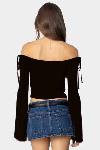 Ribbon Off Shoulder Long Sleeve Crop Top