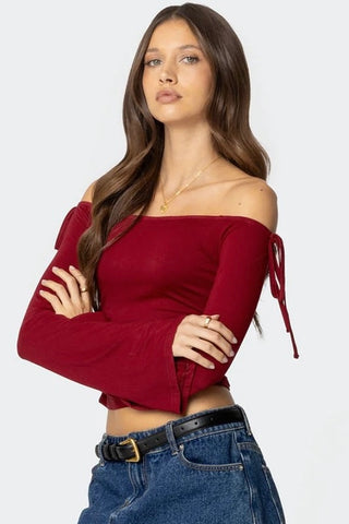 Ribbon Off Shoulder Long Sleeve Crop Top