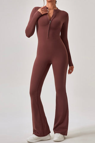 Crew Neck Zip Front Flare Jumpsuit