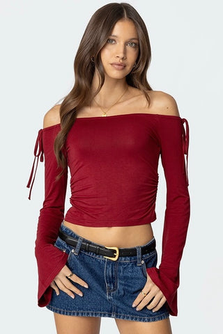 Ribbon Off Shoulder Long Sleeve Crop Top