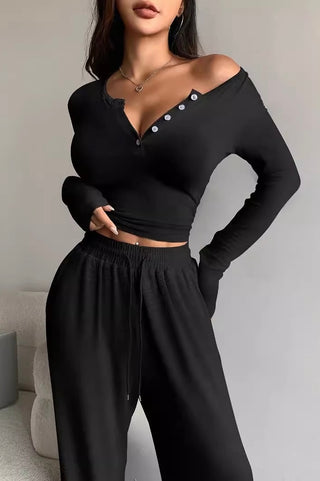 Button Front Sleeved Crop Top & Drawstring Pant Two Piece Set