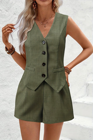 Button Front Vest & Short Two Piece Set