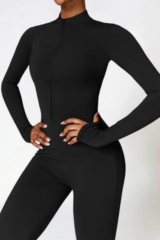 Zip Front Mock Neck Long Sleeve Jumpsuit