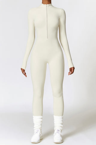 Zip Front Mock Neck Long Sleeve Jumpsuit