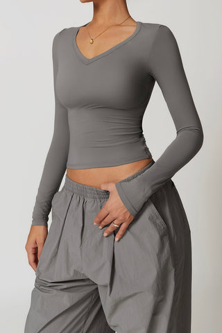 Basic V Neck Long Sleeve Crop Top