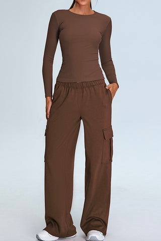 Round Neck Long Sleeve Top & Cargo Pant Two Piece Set