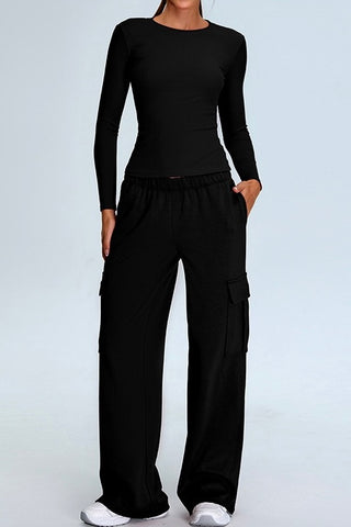 Round Neck Long Sleeve Top & Cargo Pant Two Piece Set