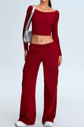 Off Shoulder Crop Top & Cargo Pant Two Piece Set