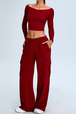 Off Shoulder Crop Top & Cargo Pant Two Piece Set