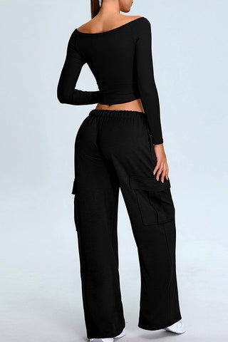 Off Shoulder Crop Top & Cargo Pant Two Piece Set